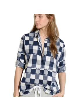 Madewell Bleeding Blue and White Plaid Women's Button-Up High Low Hem Top Small